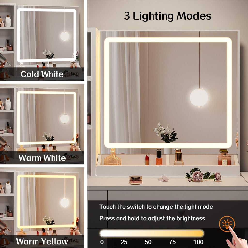Bexfil Vanity Set Dressing Table and Chair Set with 3 Lighting Modes, Makeup Vanity Desk Mirror and Lights, White