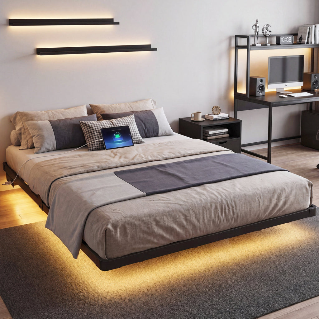 Bexfil Modern Floating King Size Bed Frame with LED Lights, Sturdy Metal Platform Bed with Round Safety Corners and Mattress Stabilizers, 1000lbs Heavy Duty Support, Easy Assembly
