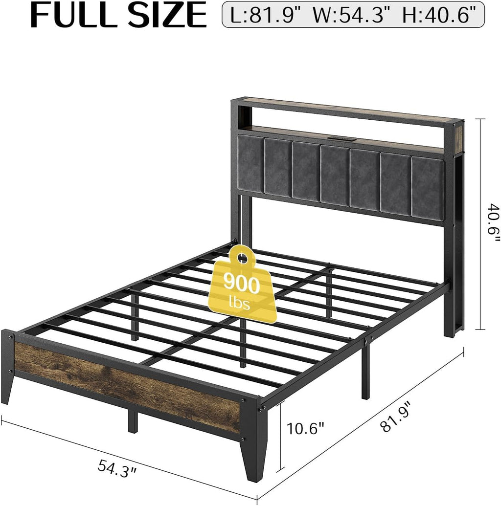 OLEVS Full Size Bed Frame with Headboard, LED Light & Charging Station| Metal Platform Bed Upholstered Headboard 2-Tier