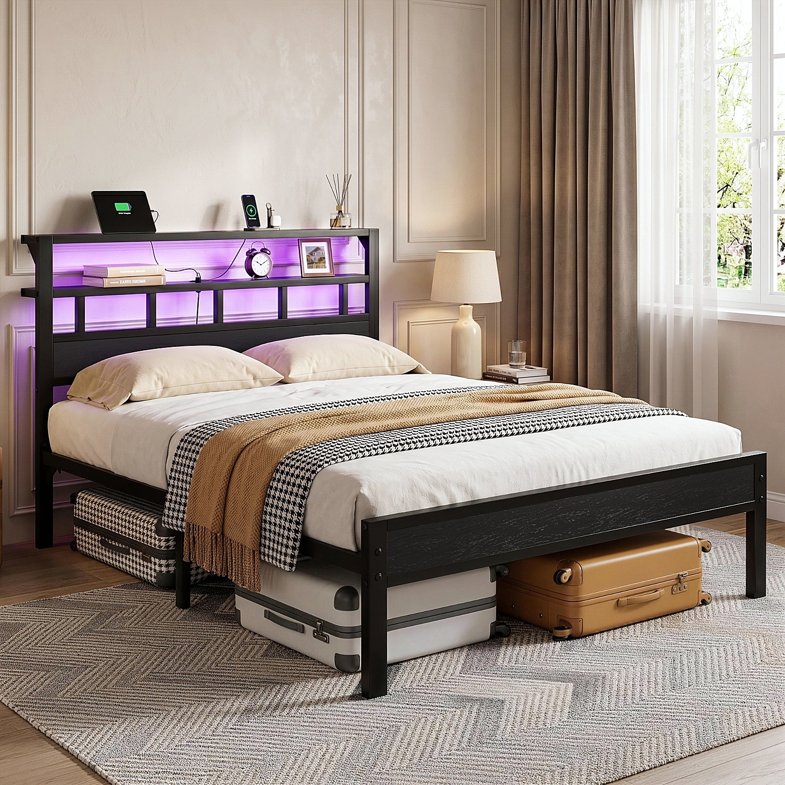 Bexfil Queen Bed Frame with Storage Headboard and LED Light, Metal Platform Bed Station with Charging Station & LED, Noise-Free, No Box Spring Needed