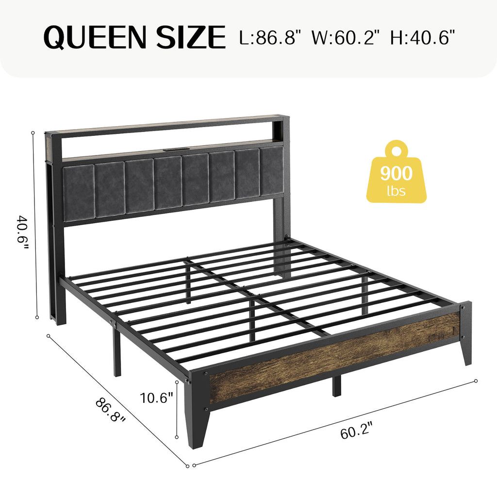 Bexfil Queen Size Platform Bed Frame with LED Light and Charging Station Storage Headboard, Great Support and Long-Term Durability, Weight Capacity of 1700 lbs
