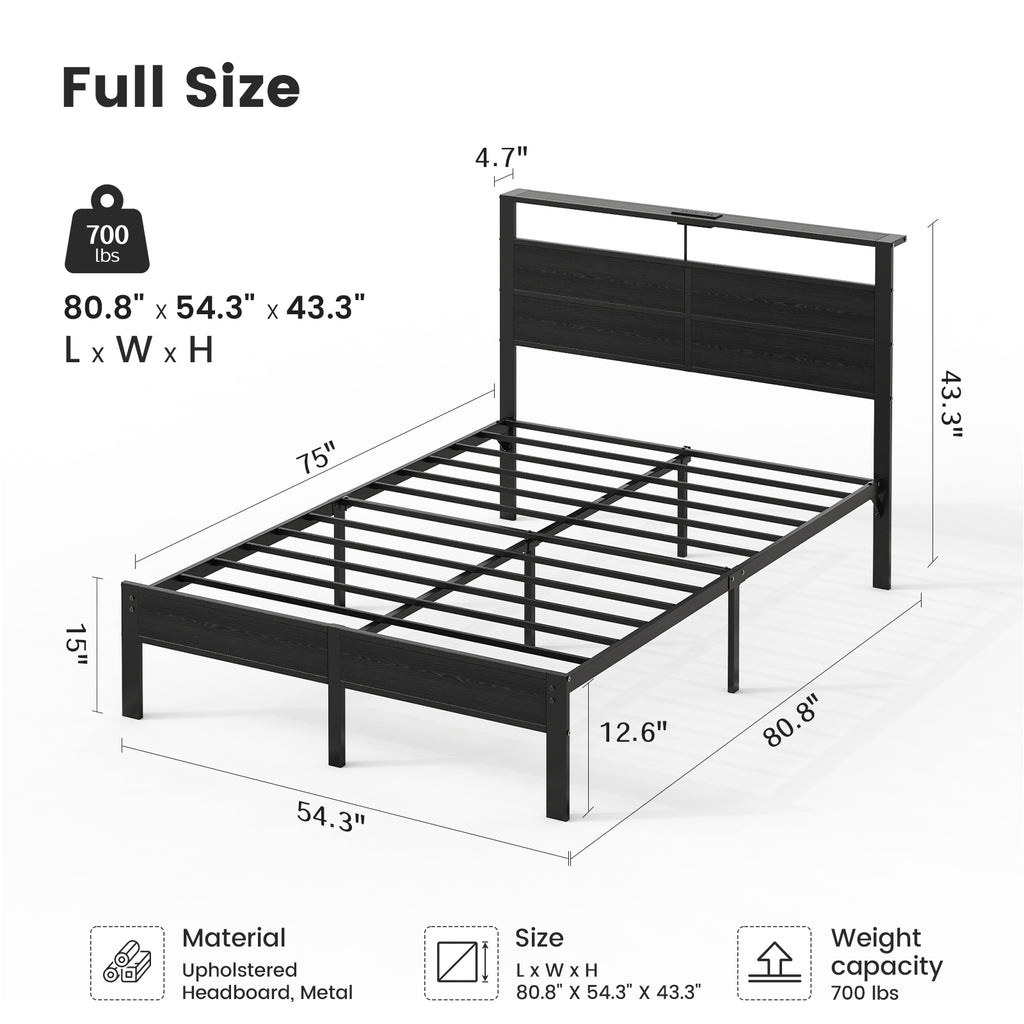 Kbun Full Size Platform Bed Frame with Wood Headboard, Metal Bed Frame with LED Light, Heavy Duty Steel Slat Supported Full Bed Frames, No Box Spring Needed, Black