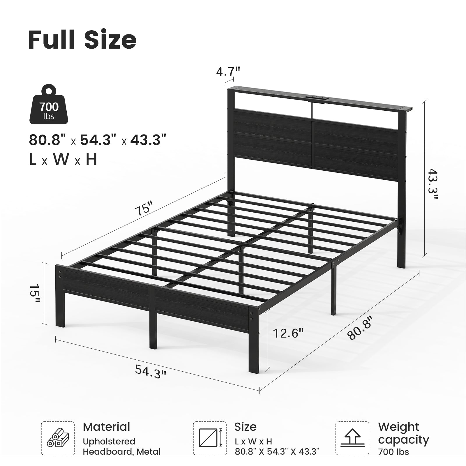 Kbun Full Size Platform Bed Frame with Wood Headboard, Metal Bed Frame with LED Light, Heavy Duty Steel Slat Supported Full Bed Frames, No Box Spring Needed, Black