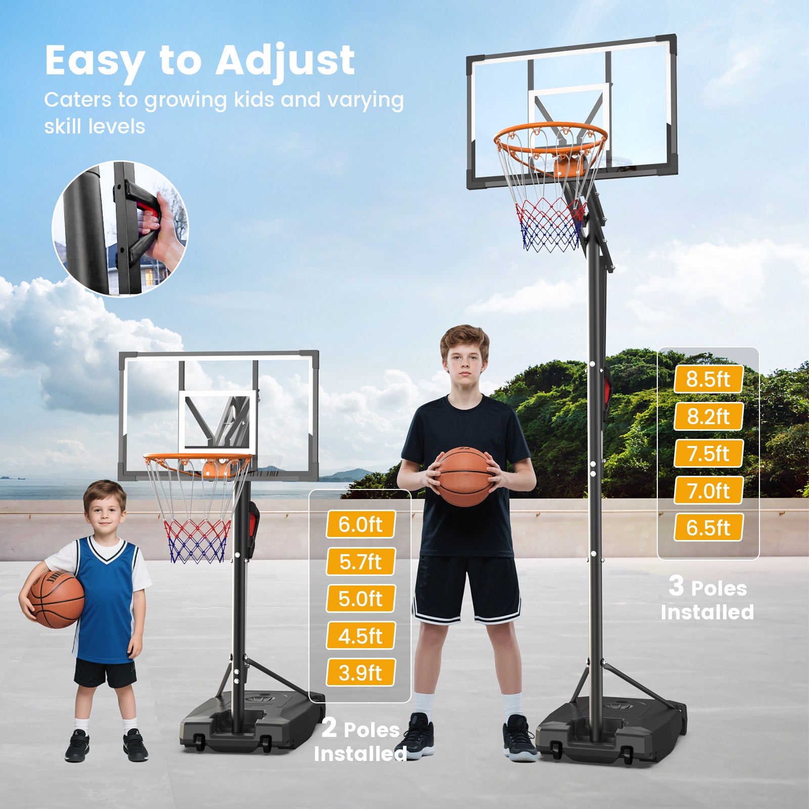 FirstAsk Adjustable Portable Basketball Hoop 3.9-8.5 ft HDPE Backboard for Kids, Outdoor and Indoor Courts
