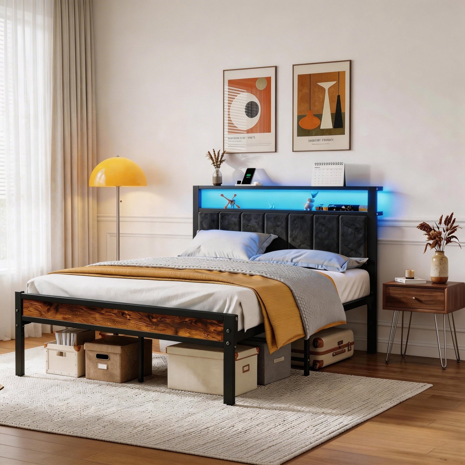 Bexfil Upholstered Full Size Bed Frame with LED Lights Charging Station Shelf Headboard Heavy Duty Metal Platform Bed, Noise Free,Brown