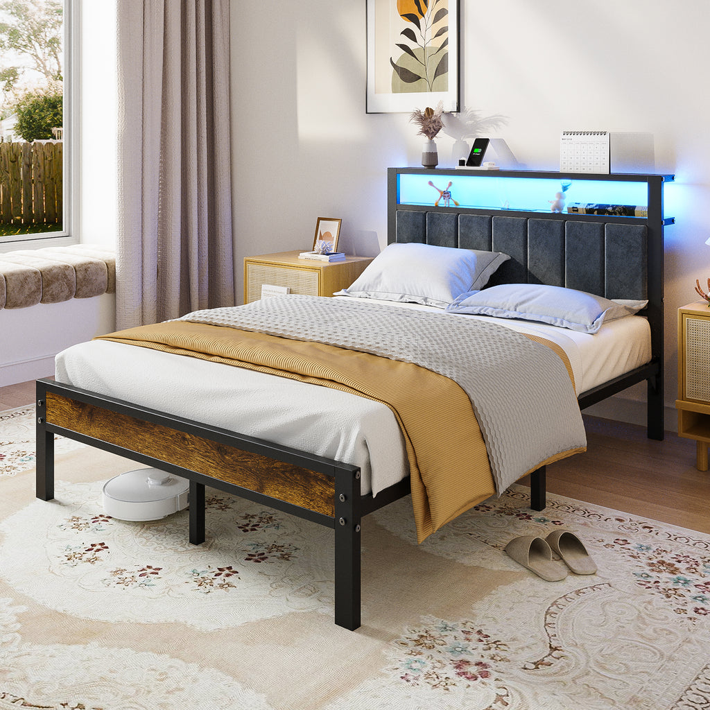Kbun Full Bed Frame with Charging Station and LED Lights, Full Size Platform Bed with Metal Slats, Upholstered Headboard with 2-Tier Storage Shelves, No Box Spring Needed