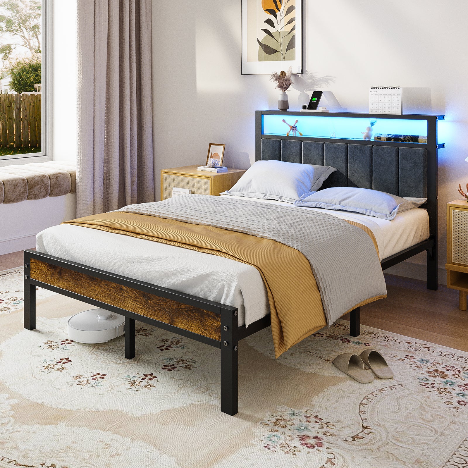 Kbun Full Bed Frame with Charging Station and LED Lights, Full Size Platform Bed with Metal Slats, Upholstered Headboard with 2-Tier Storage Shelves, No Box Spring Needed