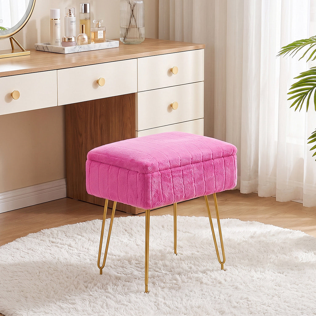 Kbun Faux Fur Vanity Stool with Storage, Makeup Ottoman Chair with Upholstered Seat, Metal Legs & Anti-Slip Feet for Bedroom, Living Room, Rose Pink