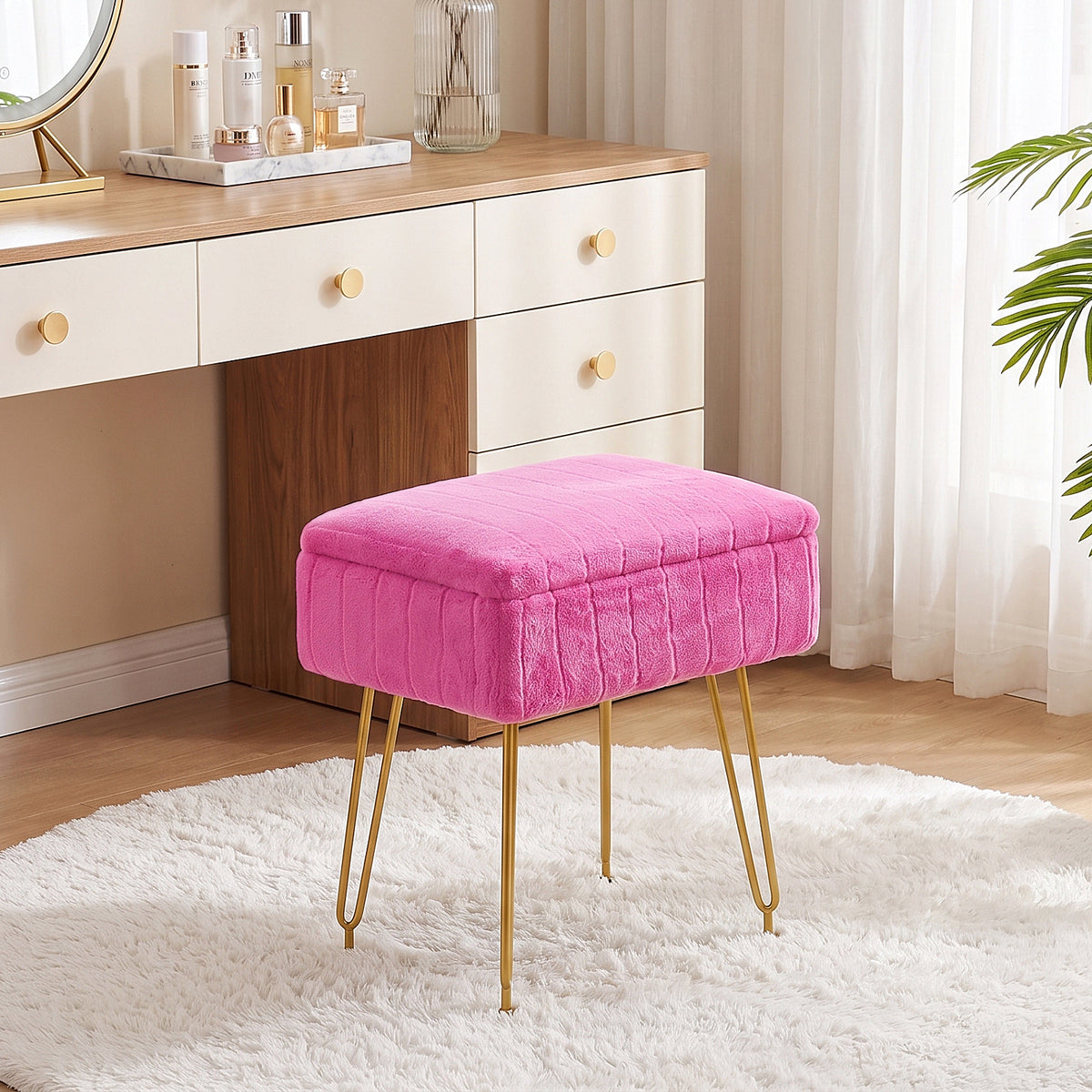 Kbun Faux Fur Vanity Stool with Storage, Makeup Ottoman Chair with Upholstered Seat, Metal Legs & Anti-Slip Feet for Bedroom, Living Room, Rose Pink