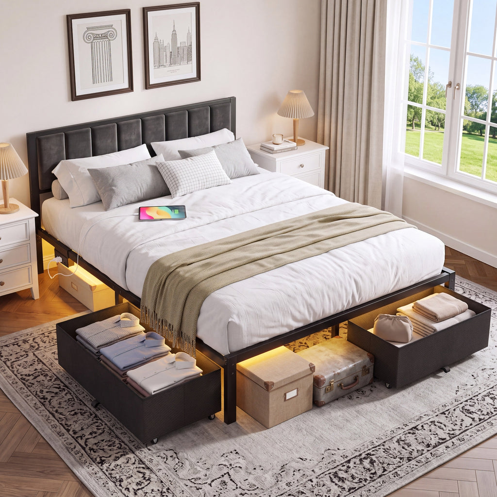Kbun Queen Bed Frame with 2 Drawers and Upholstered Headboard, Outlets and LED Lights, Heavy Duty Metal Platform with Storage Space Under Frame, No Box Spring Needed, Noise Free, Gray