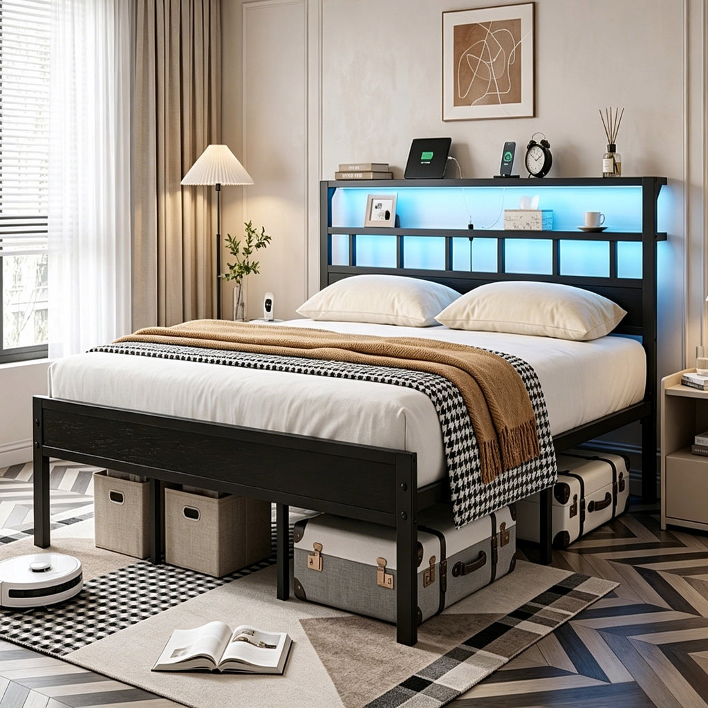 Kbun Full Size LED Metal Bed Frame with 2-Tier Storage Headboard and Charging Station,No Box Spring Needed, Easy Assembly, Black