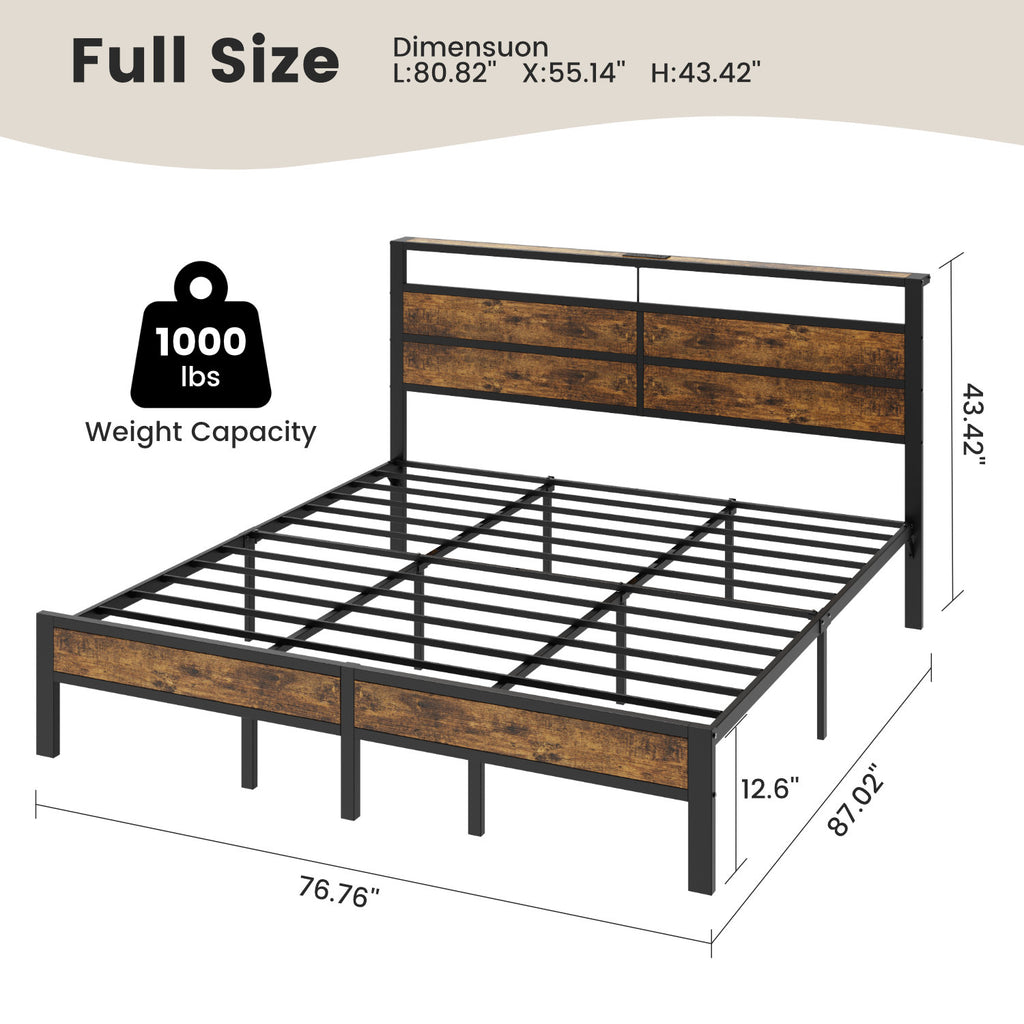 Bexfil King Size Bed Frame,Heavy Duty Metal Platform with Storage Headboard and LED Light,No Box Spring Needed,Easy Assembly,Brown
