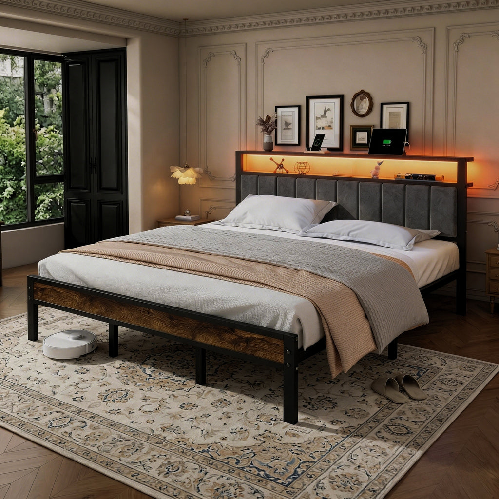 Bexfil King Size Bed Frame with LED Lights, Charging Station and Shelf Upholstered Headboard, Heavy Duty Metal Platform Bed, Noise Free, No Box Spring Needed, Brown