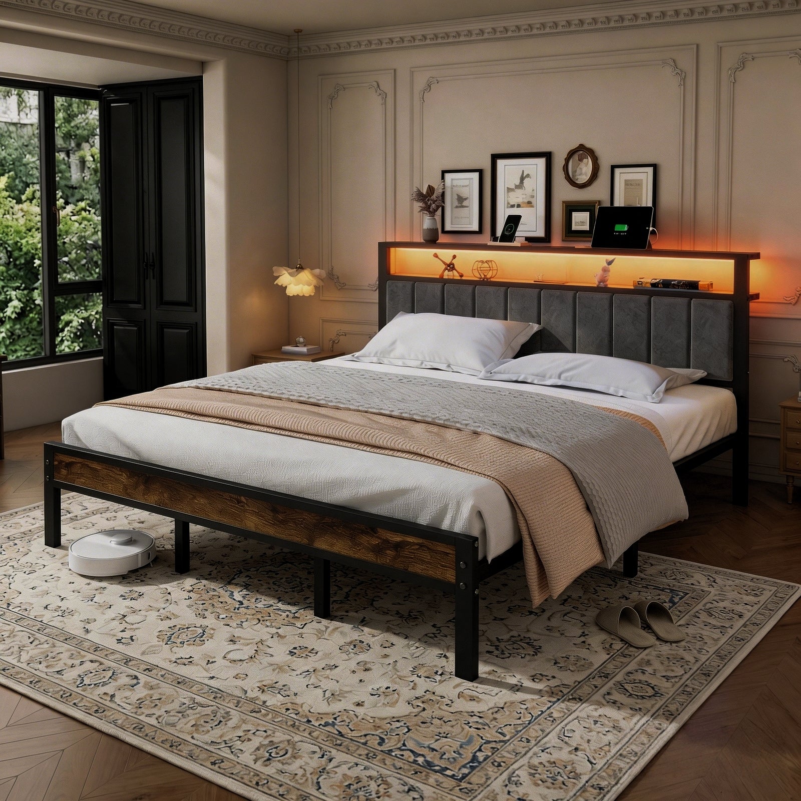 Bexfil King Size Bed Frame with LED Lights, Charging Station and Shelf Upholstered Headboard, Heavy Duty Metal Platform Bed, Noise Free, No Box Spring Needed, Brown