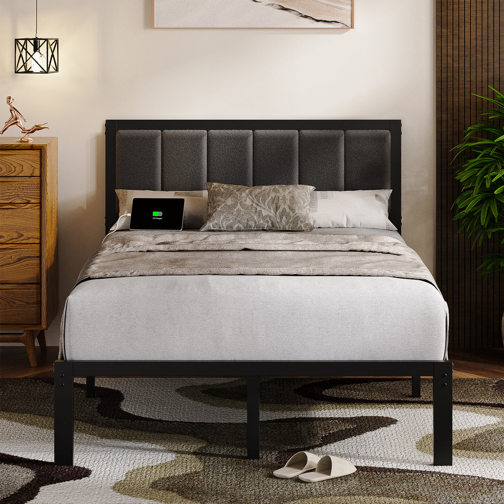 Kbun Metal Platform Bed Frame, Full Bed Frame with Upholstered Headboard, Charage Station and LED Light Strip, Under-Bed Storage, No Box Spring Needed, Easy Assembly, Gray