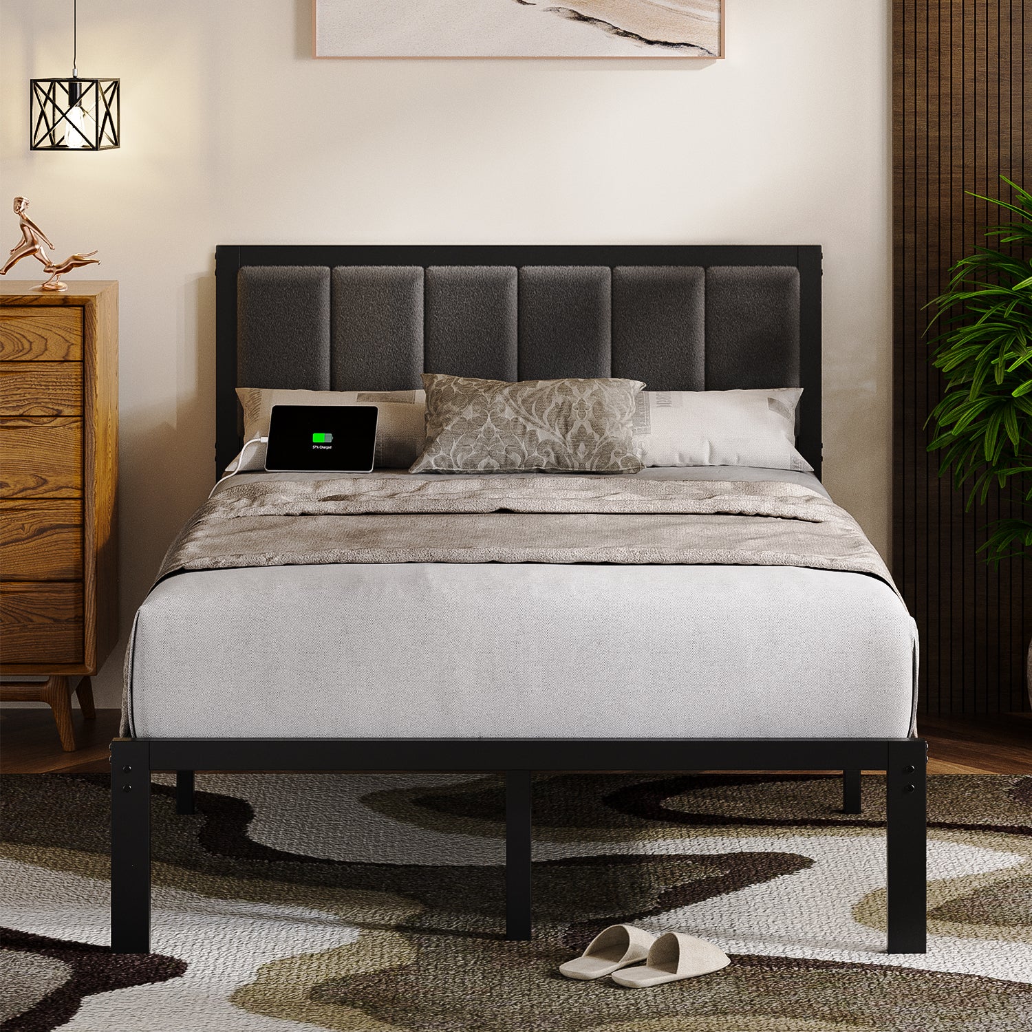 Kbun Metal Platform Bed Frame, Full Bed Frame with Upholstered Headboard, Charage Station and LED Light Strip, Under-Bed Storage, No Box Spring Needed, Easy Assembly, Gray