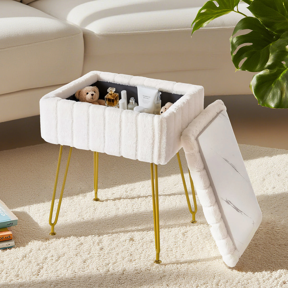 Kbun Faux Fur Vanity Stool with Storage, Makeup Ottoman Chair with Upholstered Seat, Metal Legs & Anti-Slip Feet for Bedroom, Living Room, White