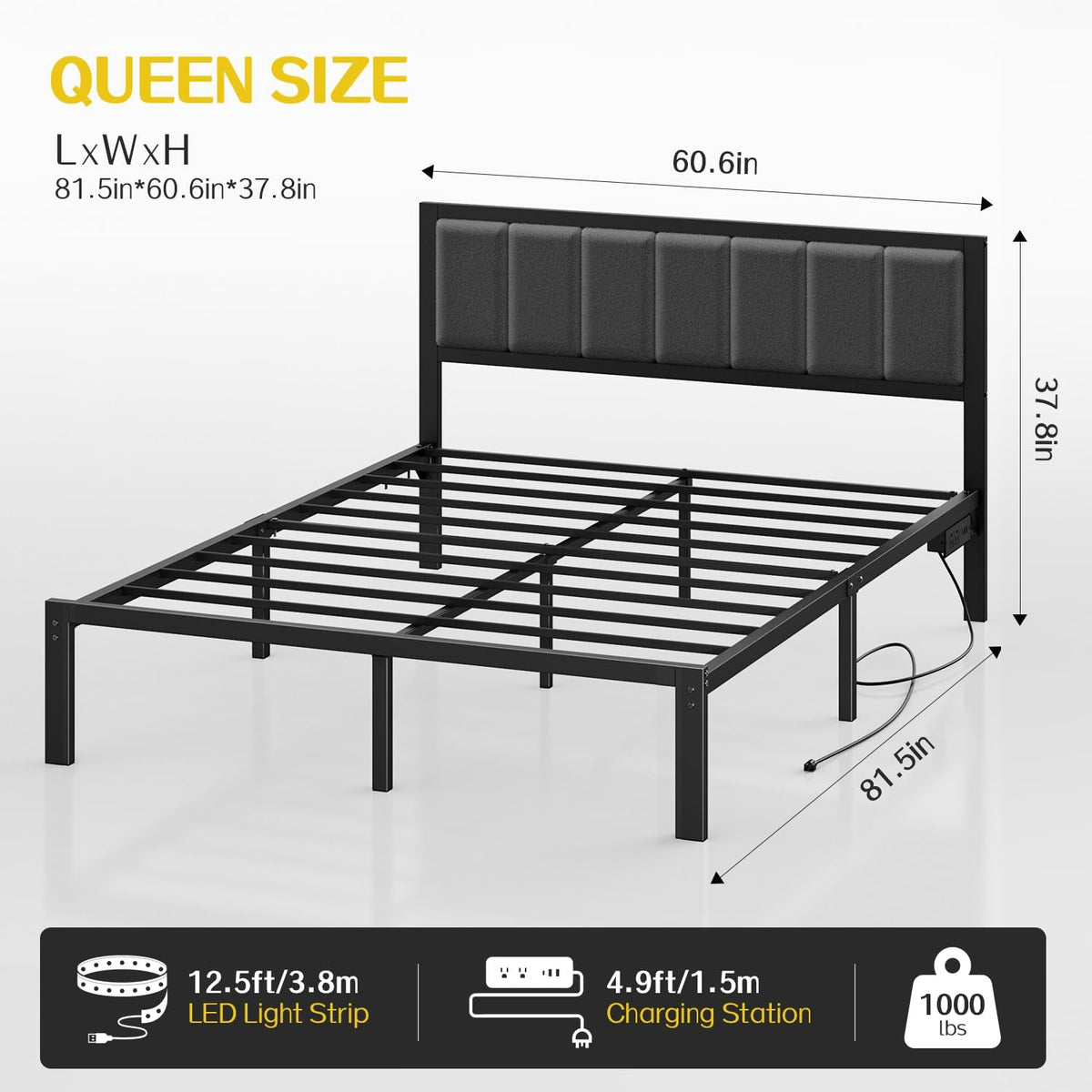 OLEVS Queen Bed Frame with Headboard, Smart LED & Charging Station| Metal Platform Bed Queen Size with LED, USB Charging & Upholstered Headboard, 1,000 lbs Weight Capacity, No Box Spring Needed