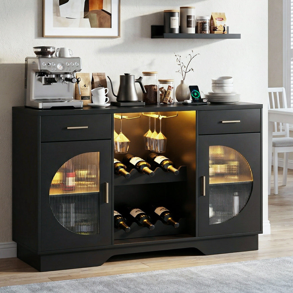 Kbun Coffee Bar Cabinet with Fridge Space, Wine Bar with LED Lights & Power Outlet, Sideboard for Home with Glass Doors, Freestanding Liquor Cabinet, Black