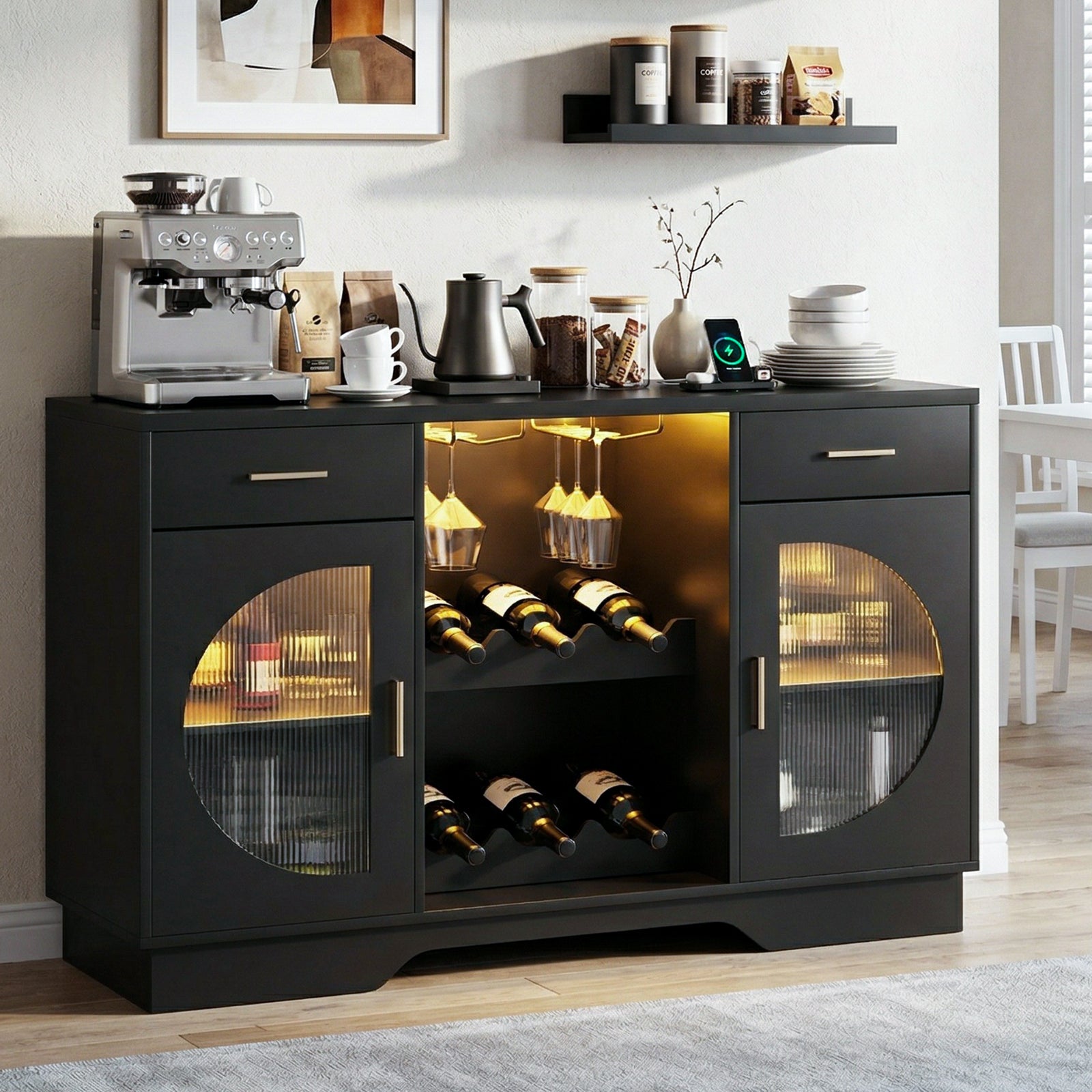 Kbun Coffee Bar Cabinet with Fridge Space, Wine Bar with LED Lights & Power Outlet, Sideboard for Home with Glass Doors, Freestanding Liquor Cabinet, Black