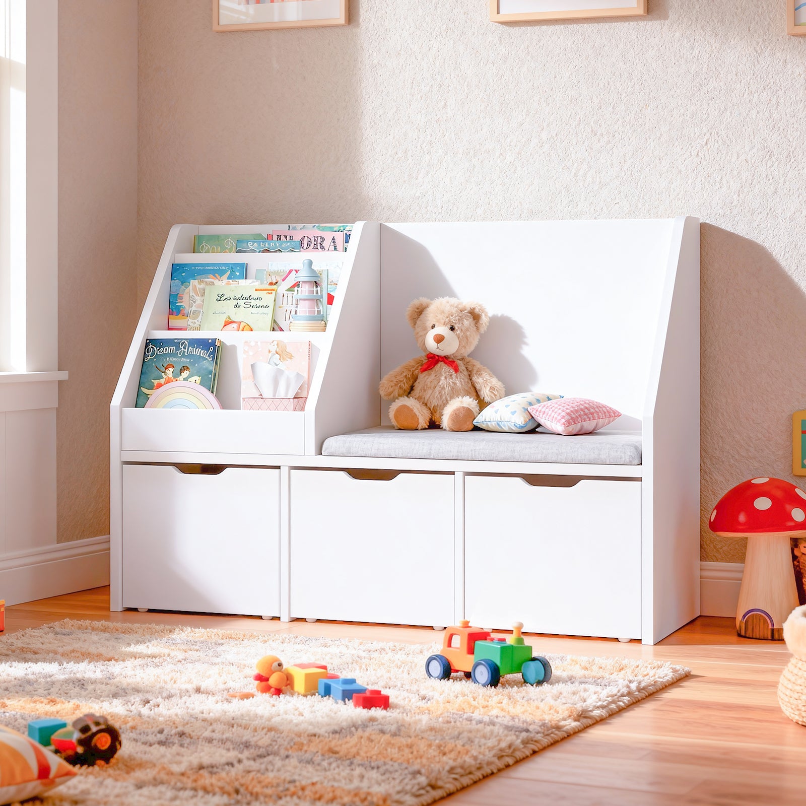 Bexfil Kids Bookshelf with Reading Nook and 3 Drawers, Reading Bench Bookshelf, Kids Bookcase 3-in-1 Storage Organizer Cozy Built-in Seat