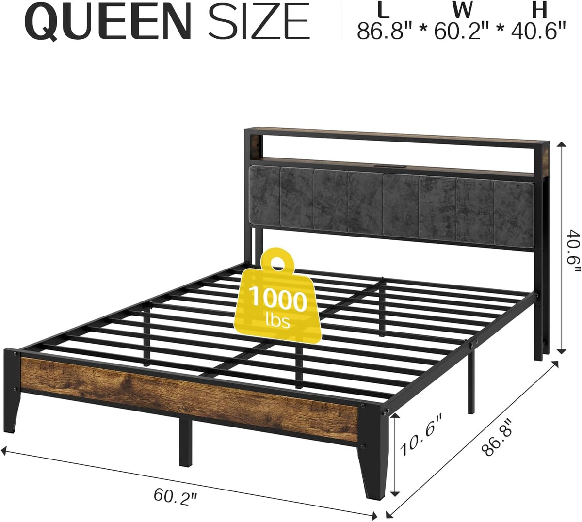 OLEVS Queen Size Bed Frame with Charging Station & LED Light, 2-Tier Storage Headboard & Footboard, Noise-Free Metal Platform Bed No Box Spring Needed, Easy Assembly