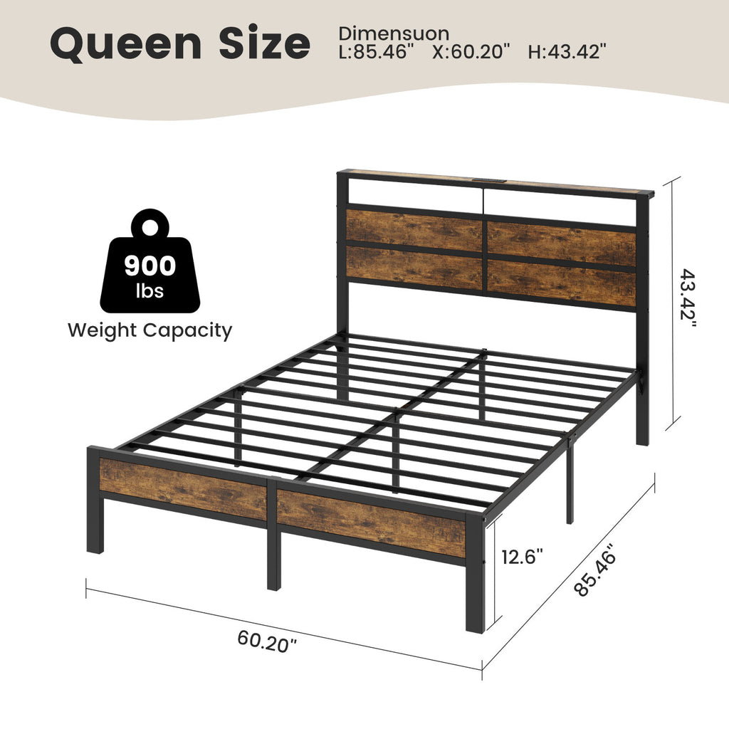 Dayago Queen Bed Frames with Charging Station and LED Lights, Twin Size Wood Headboard Platform Bed with Metal Slats, No Box Spring Needed and Noise Free, Brown