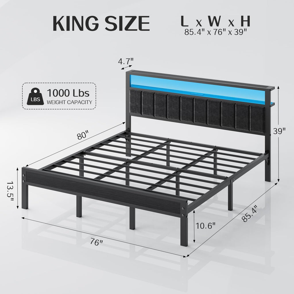 OLEVS King Bed Frame with Charging Station & LED Lights Modern Platform Bed| Upholstered 2-Tier Storage Headboard, No Box Spring Needed, Noise Free