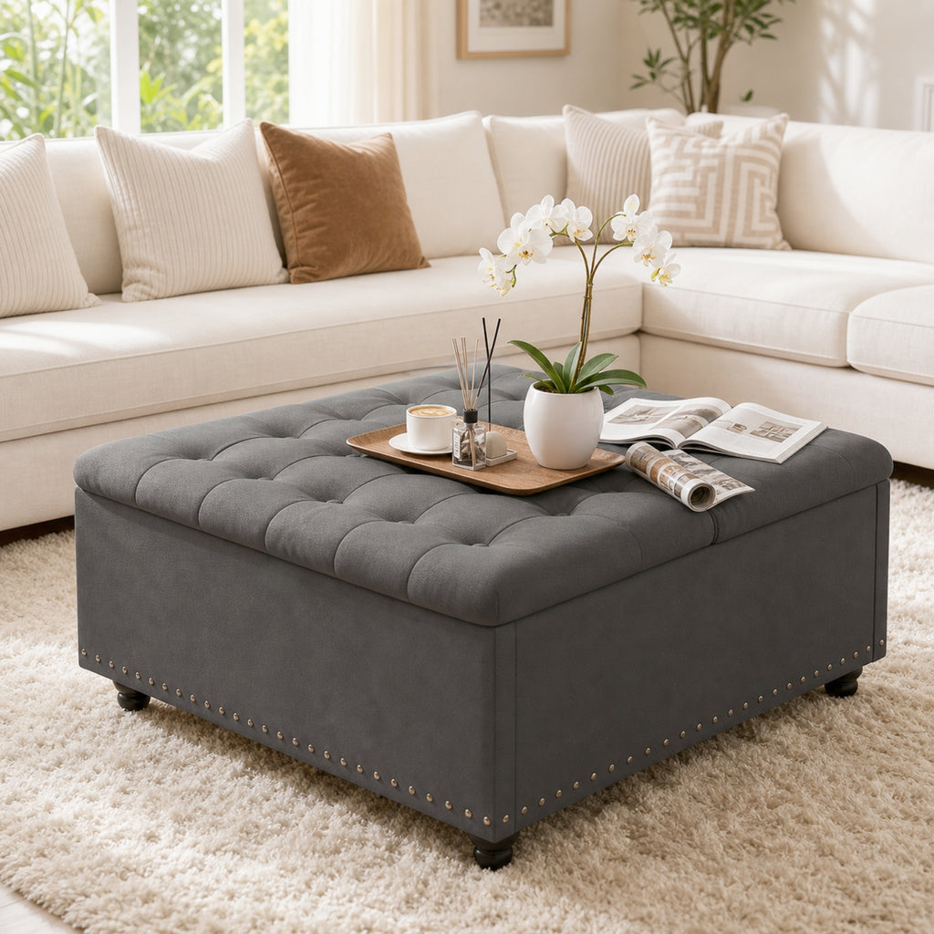 Bexfil Large Square Storage Ottoman, Coffee Table Storage Ottoman, Tufted Upholstered Oversized Square Ottoman for Living Room, Grey