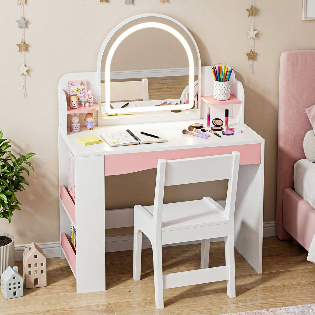 Kbun 27.5 in Wooden Kids' Vanity Set, Princess Style Dressing Table, Stool, and Furniture Set for Girls Ideal Birthday Gift ,White