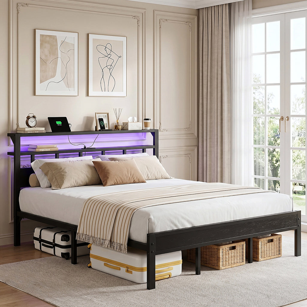 Bexfil King Bed Frame with Storage Headboard and LED Light, Metal Platform Bed Station with Charging Station & LED, Noise-Free, No Box Spring Needed