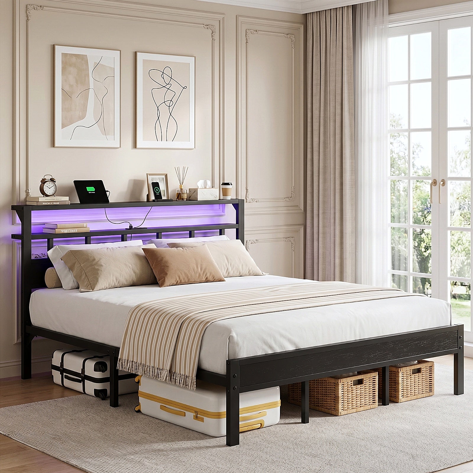 Bexfil King Bed Frame with Storage Headboard and LED Light, Metal Platform Bed Station with Charging Station & LED, Noise-Free, No Box Spring Needed