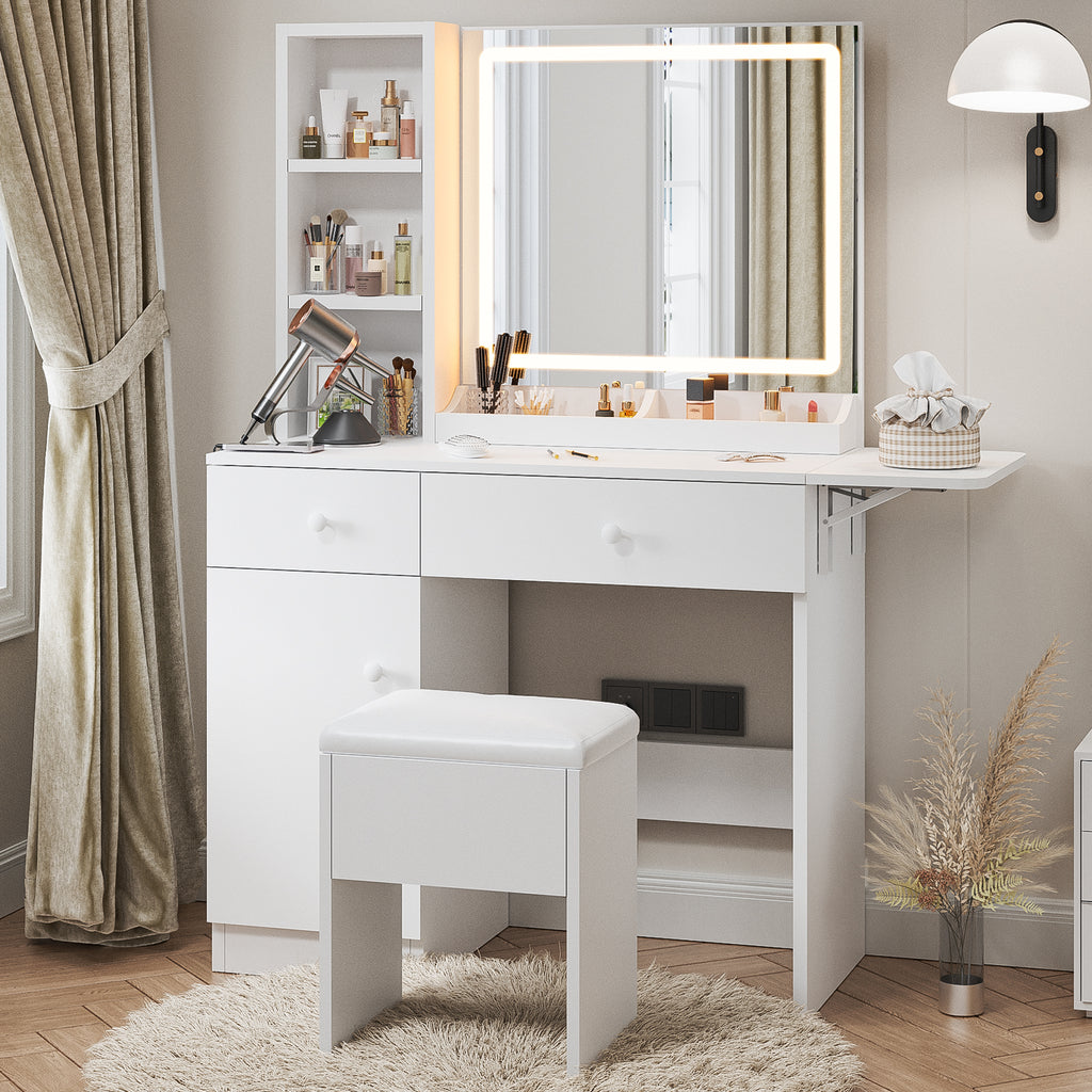 Haewon 35" Vanity Desk with Mirror, LED Light, Power Outlet, Makeup Vanity with Storage Cabinet and Foldable Panel, Vanity Set with Cushioned Stool, White
