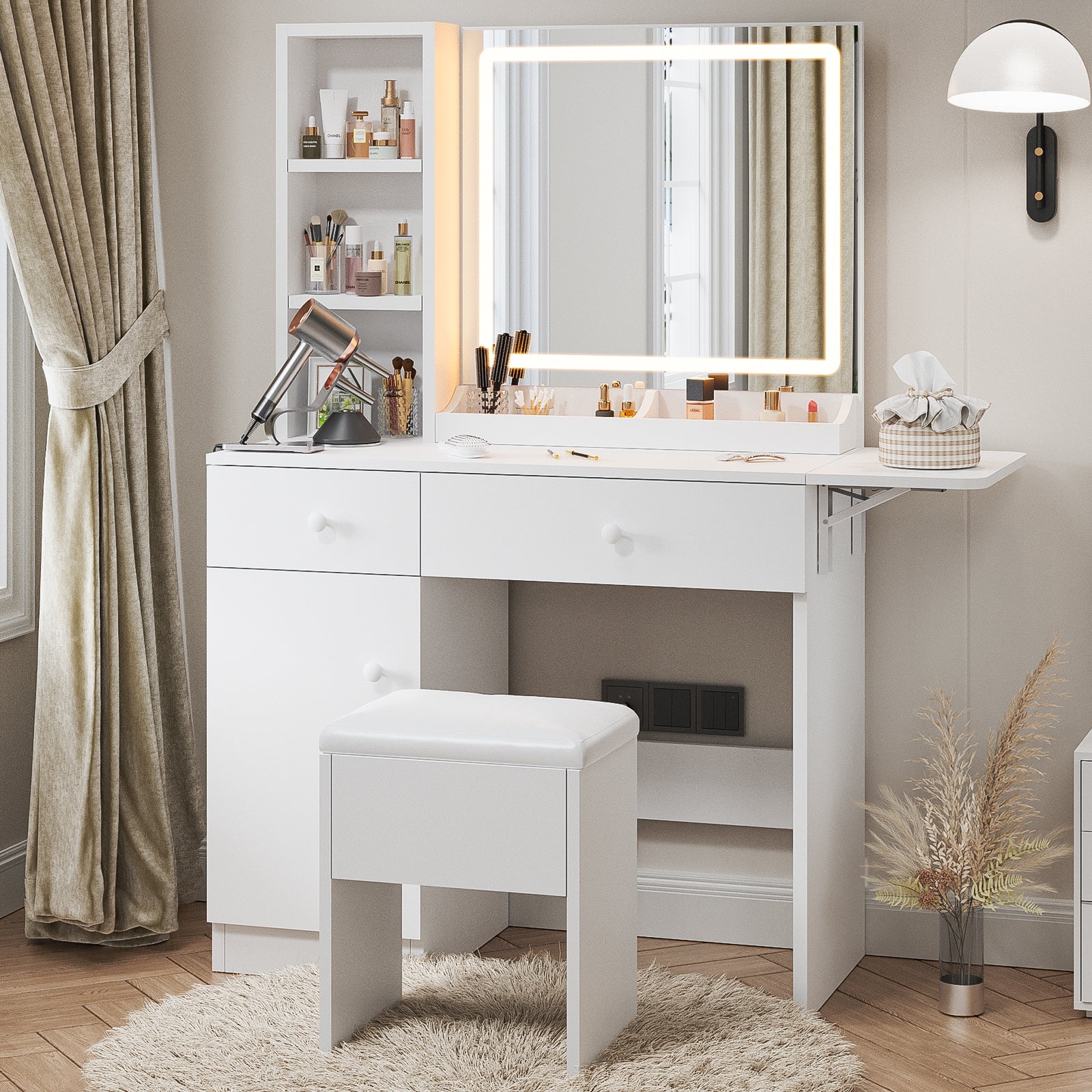 Haewon 35" Vanity Desk with Mirror, LED Light, Power Outlet, Makeup Vanity with Storage Cabinet and Foldable Panel, Vanity Set with Cushioned Stool, White