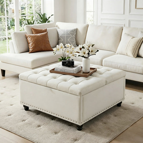 Bexfil Large Square Storage Ottoman, Coffee Table Storage Ottoman, Tufted Upholstered Oversized Square Ottoman for Living Room, White