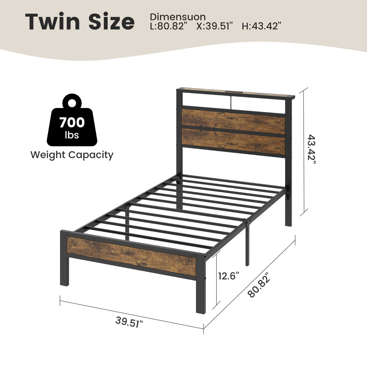 Kbun Twin Size Bed Frame with Wooden Headboard, USB and Type-C Charging Station, Smart LED Lights, Under-Bed Storage, Quiet Metal Platform Twin Size, No Box Spring Required, Easy Assembly