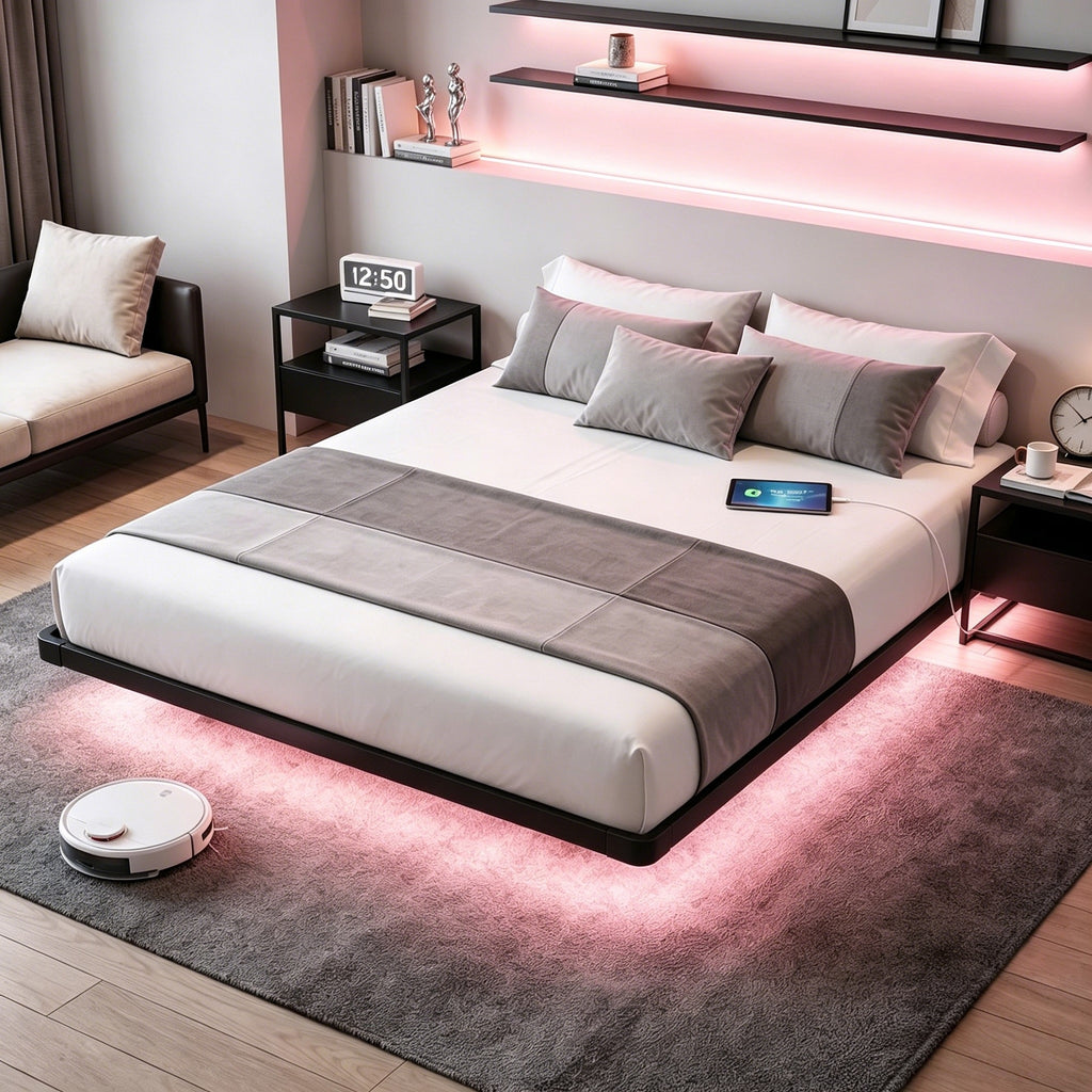 Dayago King Size Floating Platform Bed Frame with LED Lights, Charging Station, Sturdy Metal Platform Bed with Round Safety Corners and Mattress Stabilizers, 900lbs Heavy Duty Support, Easy Assembly