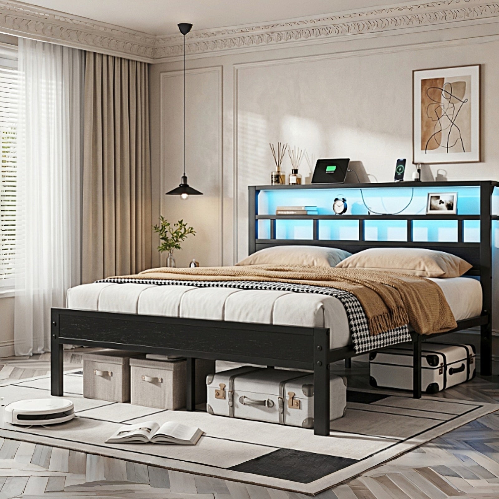 Kbun Queen Size LED Metal Bed Frame with 2-Tier Storage Headboard and Charging Station,No Box Spring Needed, Easy Assembly, Black