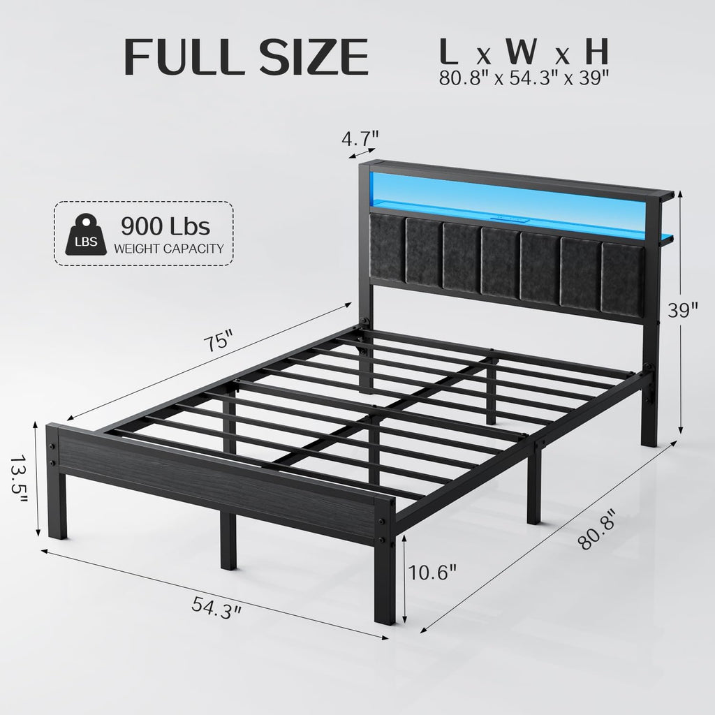 OLEVS Full Bed Frame with LED Lights & Charging Station Modern Platform Bed| Upholstered 2-Tier Storage Headboard, No Box Spring Needed, Easy Assembly
