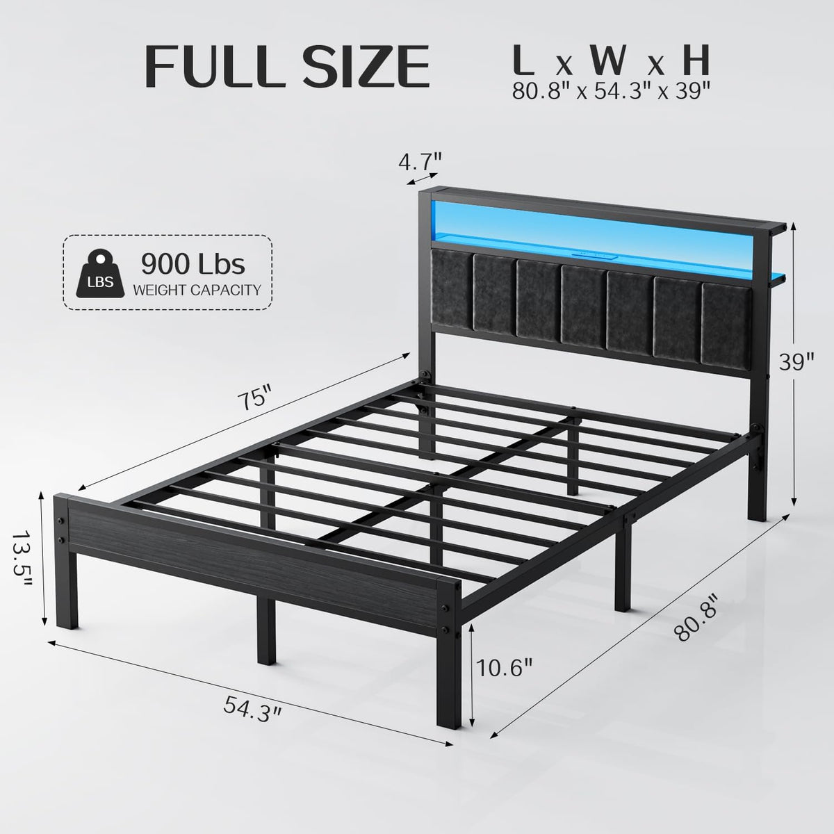 OLEVS Full Bed Frame with LED Lights & Charging Station Modern Platform Bed| Upholstered 2-Tier Storage Headboard, No Box Spring Needed, Easy Assembly