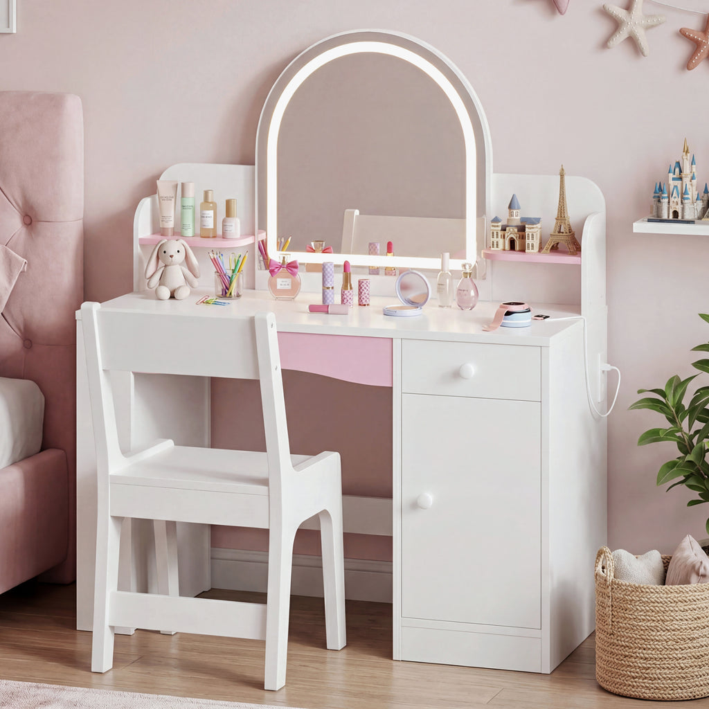 Bexfil Kids Vanity with Lights, Princess Vanity Table and Chair Set for Girls, Toddler Makeup Desk with Open Storage Shelves, for Bedroom or Playroom