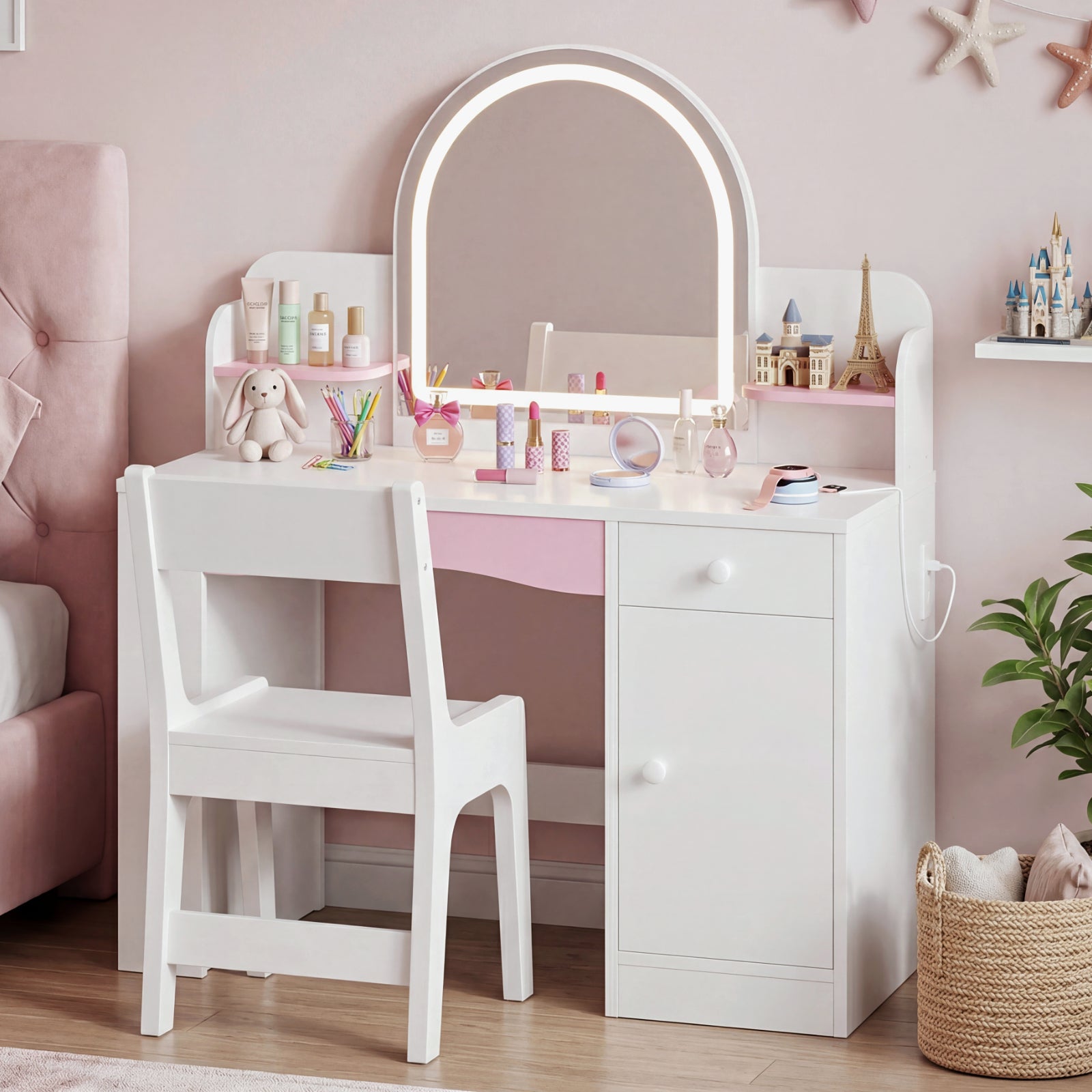 Bexfil Kids Vanity with Lights, Princess Vanity Table and Chair Set for Girls, Toddler Makeup Desk with Open Storage Shelves, for Bedroom or Playroom
