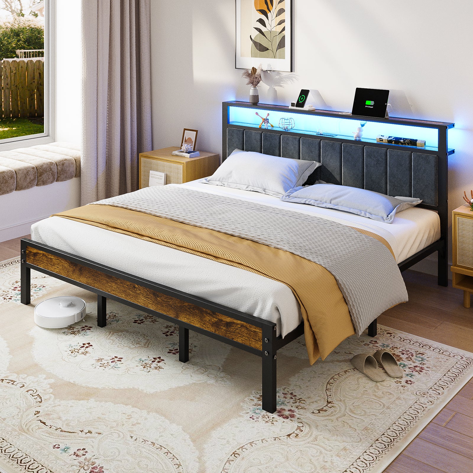 Kbun King Bed Frame with 2-Tier Storage Headboard, Bed Frame King Size with LED Lights and Charging Station, Under Bed Storage Space, No Box Spring Needed, Noise Free