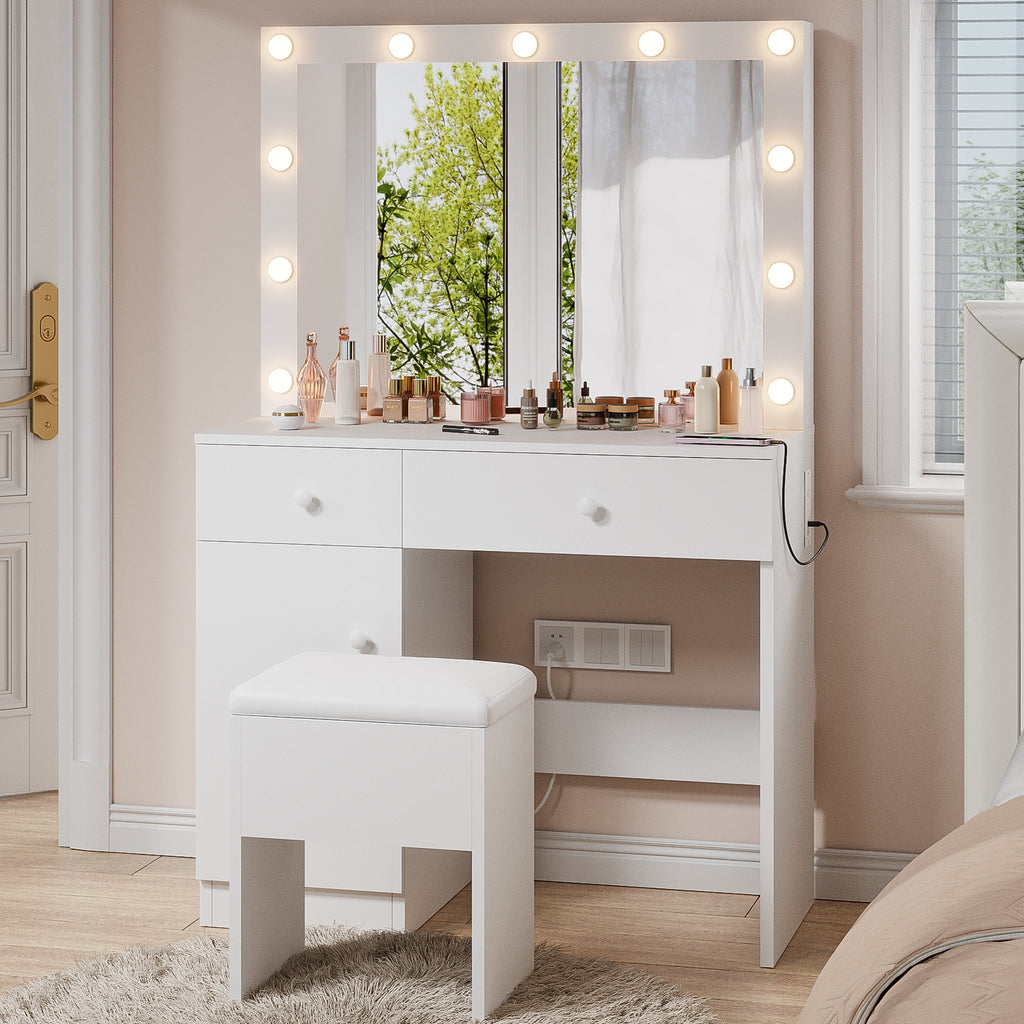 Haewon 32" Vanity Desk with Large Mirror, LED Lights, AC Outlet, USB Ports, Make up Vanity Desk with Mirror and Lights andDrawer & Storage Cabinet, Vanity Set with Cushioned Stool