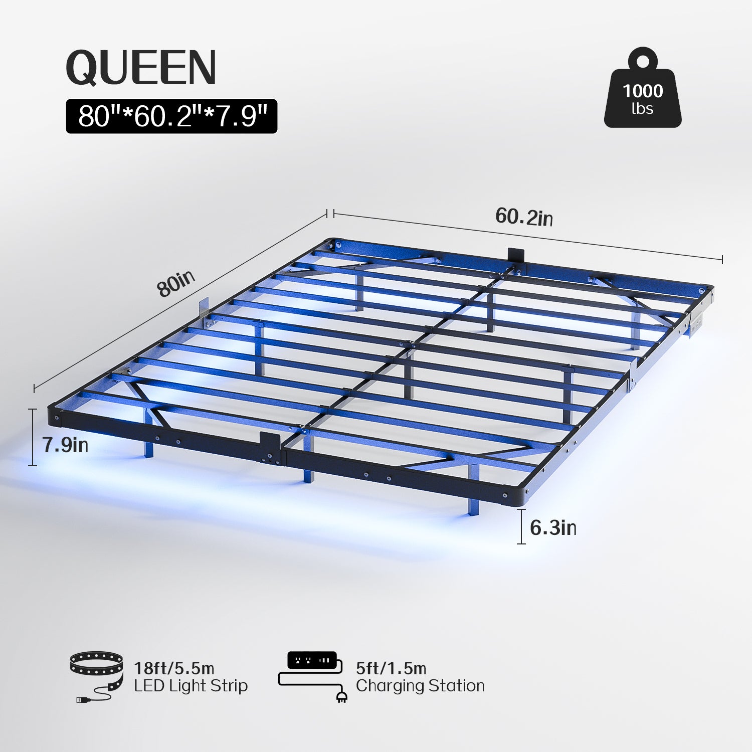 Kbun Queen Floating Bed Frame with Smart LED Lights and Charging Station, Heavy Duty Metal Platform Bed Frame, Noise-Free, Under-Bed Storage, No Box Spring Needed