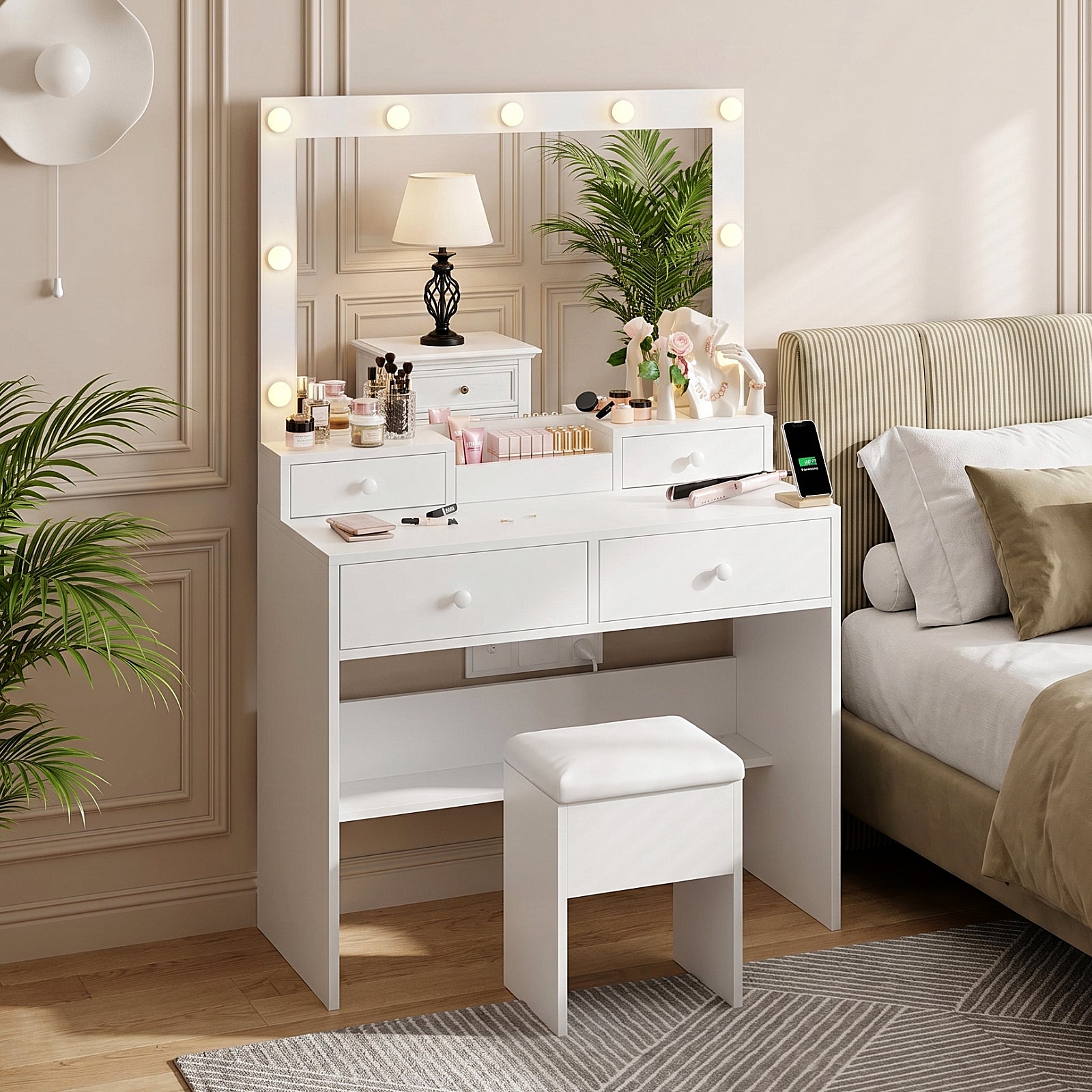 Haewon 31" Vanity Desk with Mirror, LED Lights and Charging Station, Makeup Vanity with Storage Stool, Vanity Set for Bedroom, White