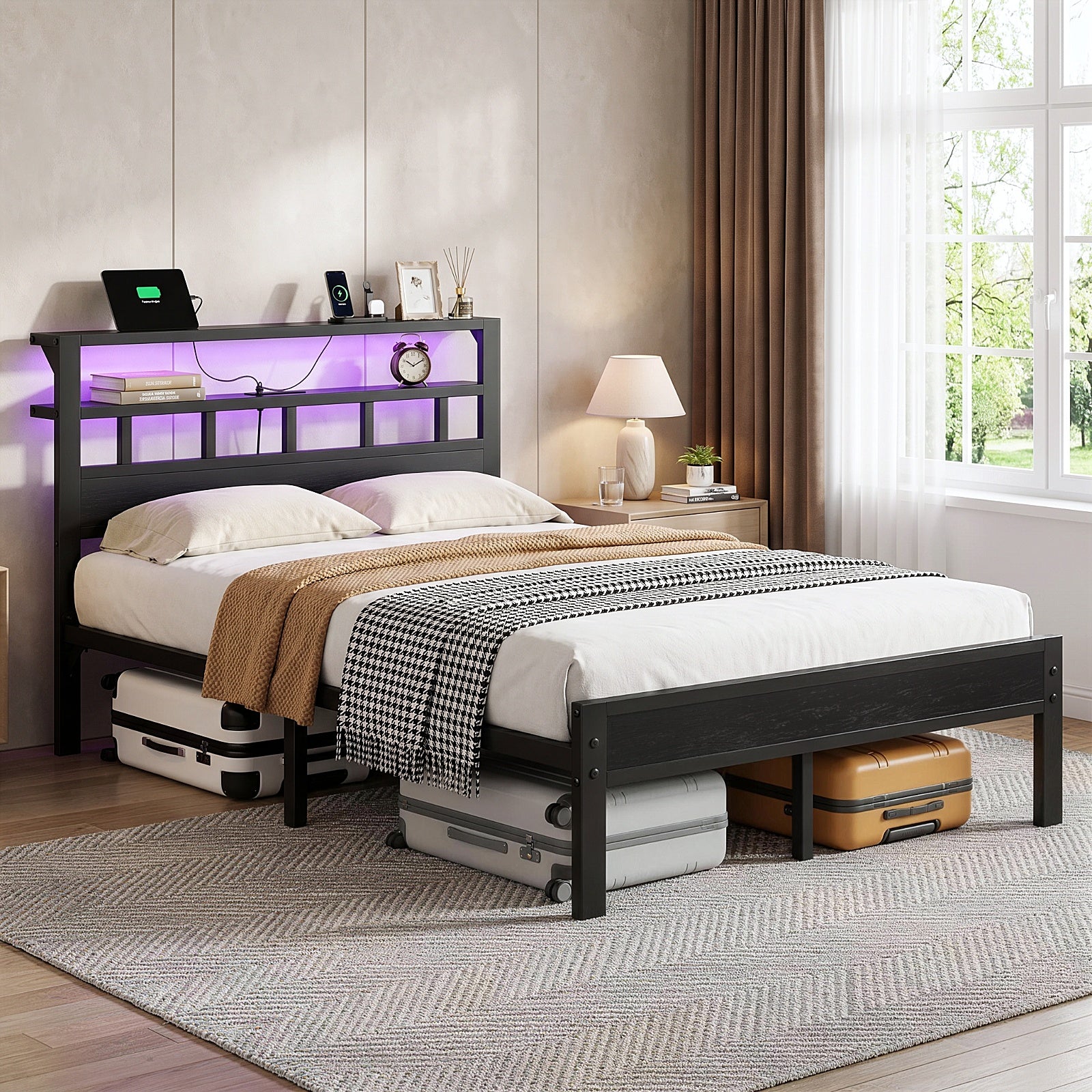 Bexfil Full Bed Frame with Storage Headboard and LED Light, Metal Platform Bed Station with Charging Station & LED, Noise-Free, No Box Spring Needed