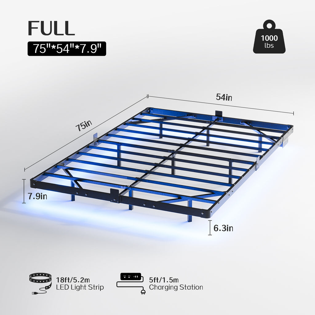 Kbun Full Floating Bed Frame with Smart LED Lights and Charging Station, Heavy Duty Metal Platform Bed Frame, Noise-Free, Under-Bed Storage, No Box Spring Needed