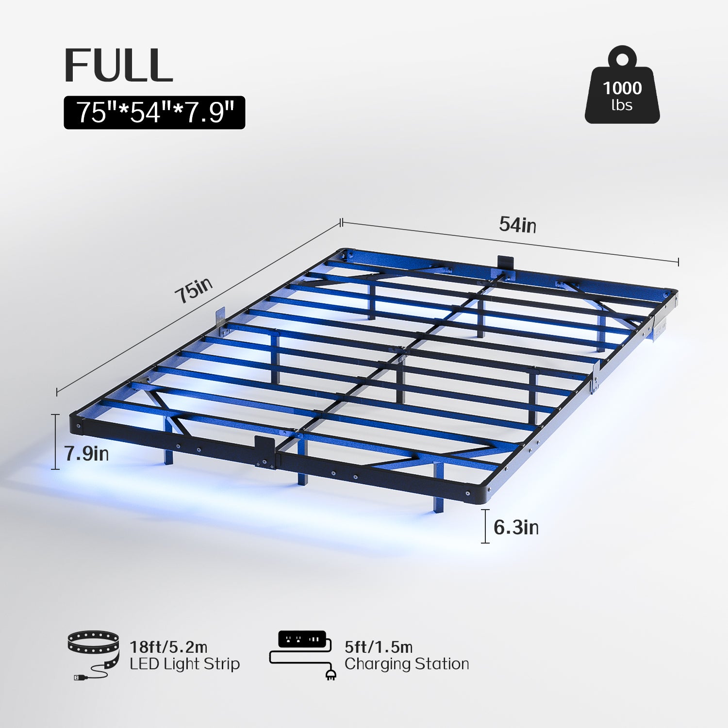 Kbun Full Floating Bed Frame with Smart LED Lights and Charging Station, Heavy Duty Metal Platform Bed Frame, Noise-Free, Under-Bed Storage, No Box Spring Needed