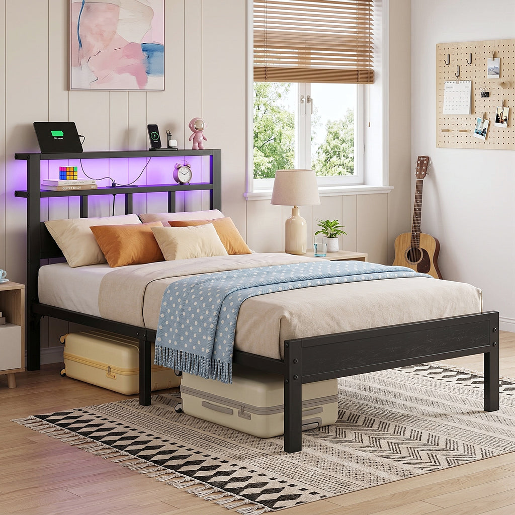 Kbun Twin Size LED Metal Bed Frame with 2-Tier Storage Headboard and Charging Station,No Box Spring Needed, Easy Assembly, Black